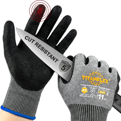 TitanFlex Cut Resistant Gloves ANSI A5, Work Gloves with Sandy Nitrile Grip,Grey
