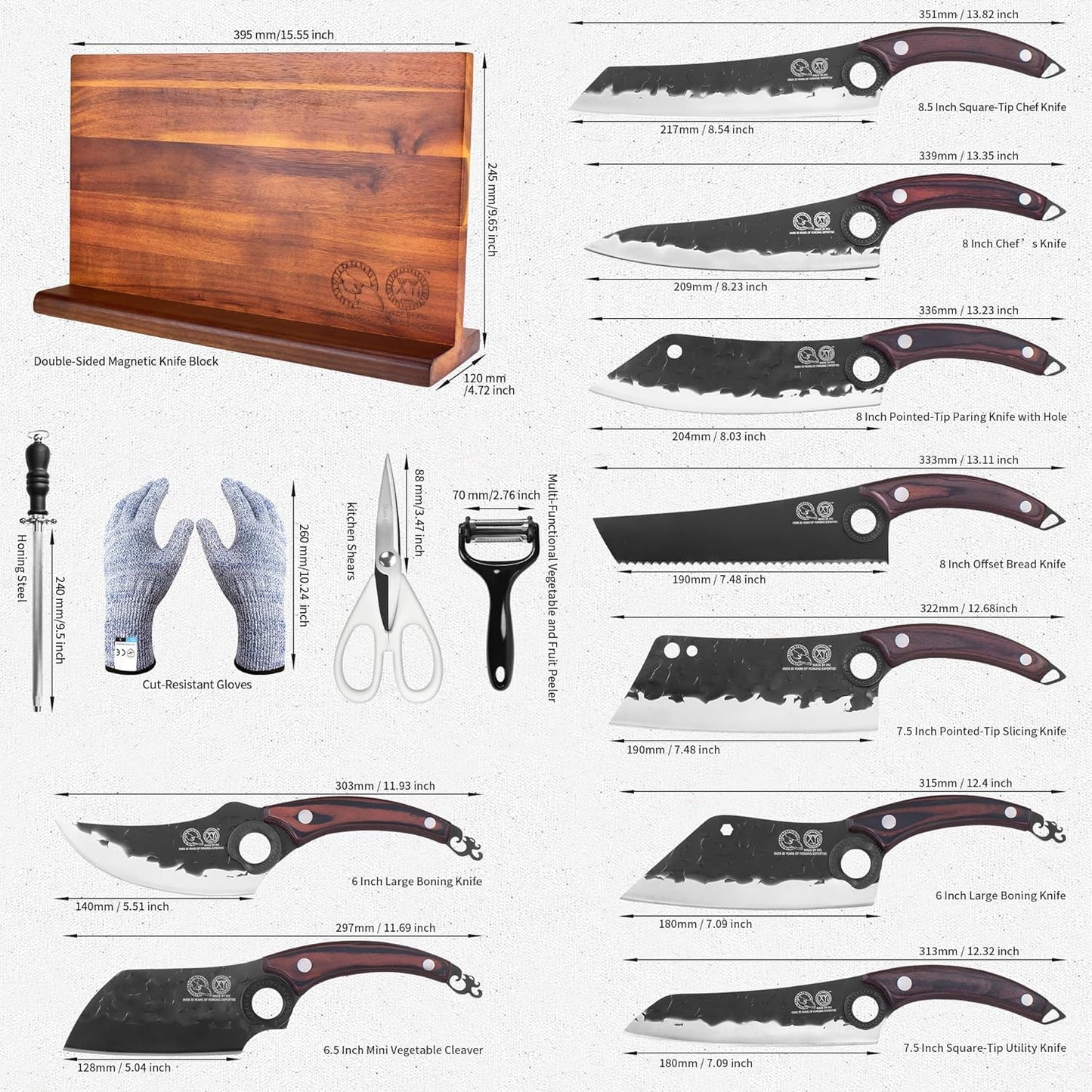 XYJ Knife Block Set, Full Tang Knives with Wood Magnetic Knife Block, Scissors, Honing Steel, Gloves, Peeler, Meat Boning Slicing Cooking Bread Vegetable Chef Kitchen Knives