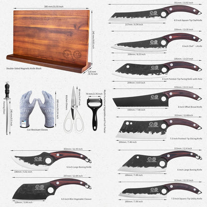 XYJ Knife Block Set, Full Tang Knives with Wood Magnetic Knife Block, Scissors, Honing Steel, Gloves, Peeler, Meat Boning Slicing Cooking Bread Vegetable Chef Kitchen Knives