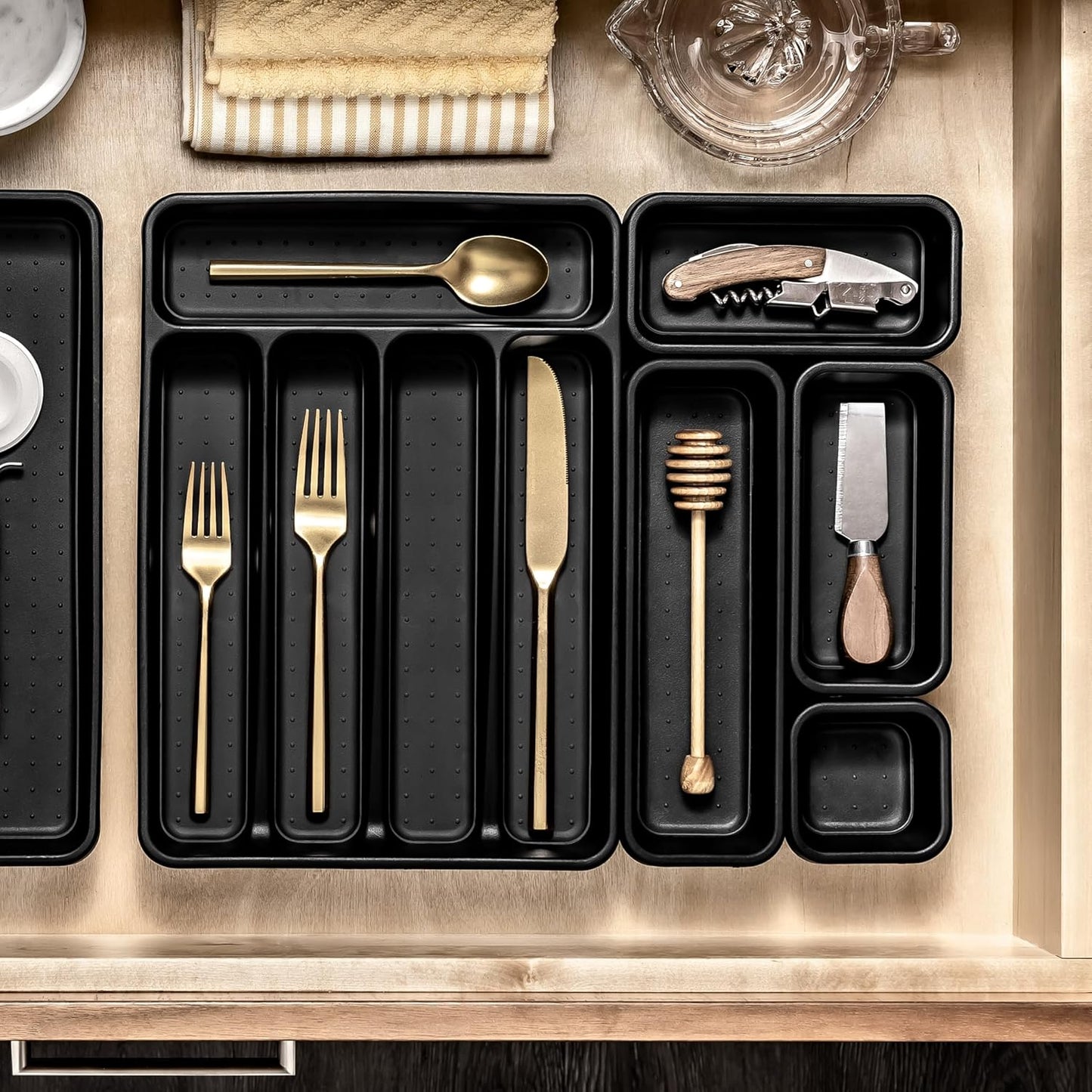 madesmart Small Silverware Tray, Compact 5 Compartment Flatware Organizer for Forks, Knives & Spoons, Non Slip, Soft Grip Lining, Fits Small Drawers, Black