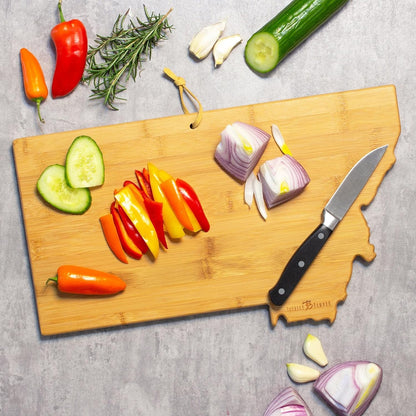 Totally Bamboo North Carolina State Shaped Cutting Board and Charcuterie Serving Platter with Artwork by Summer Stokes, Includes Hang Tie for Wall Display 18" x 8" x 5/8" - Colors A