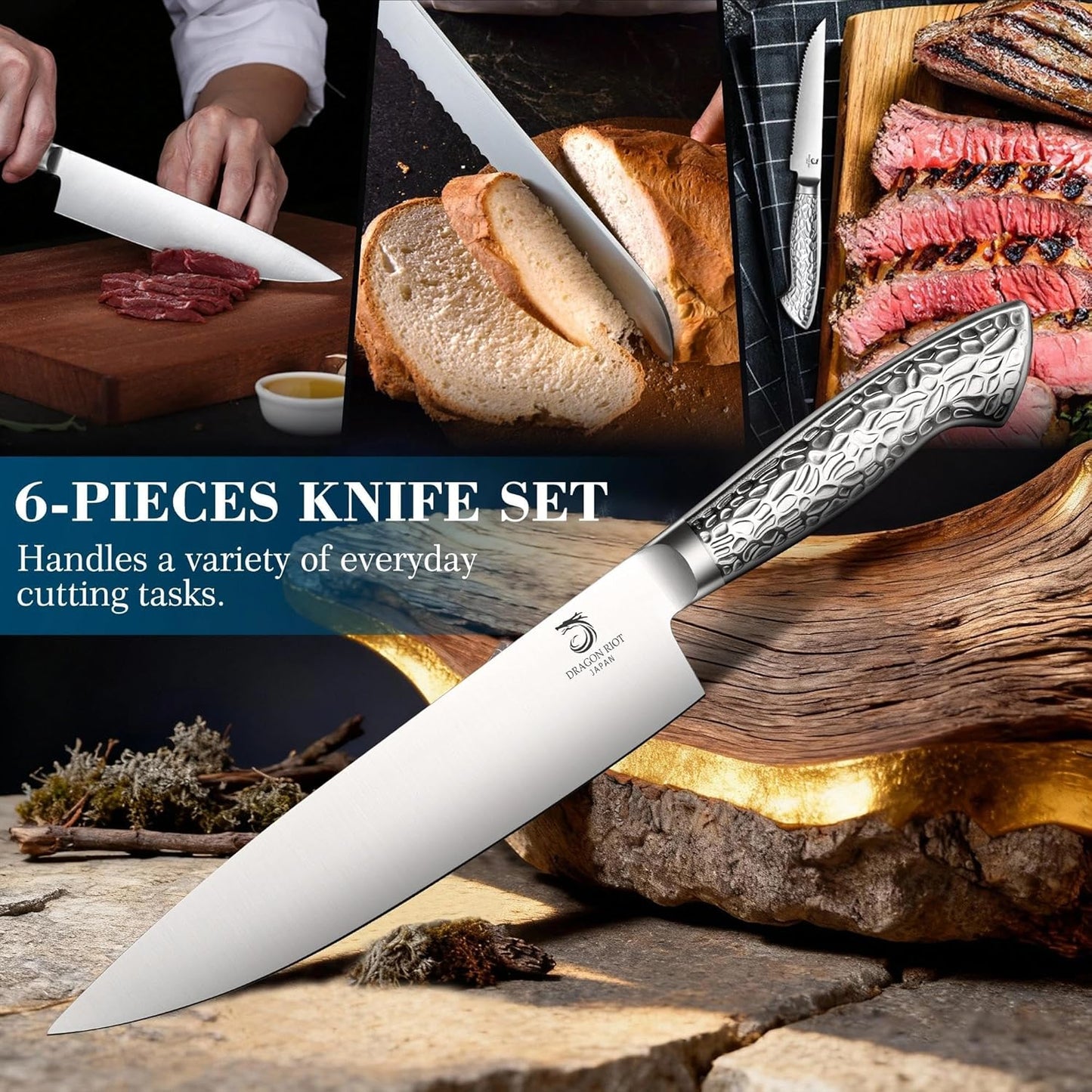 DRAGON RIOT Knife Set with Wood Block - Stainless Steel Kitchen Knives Block Set with Built in Sharpener, Dishwasher Safe, Non-Slip Ergonomic Handle - Gift for Men Women and Housewarming