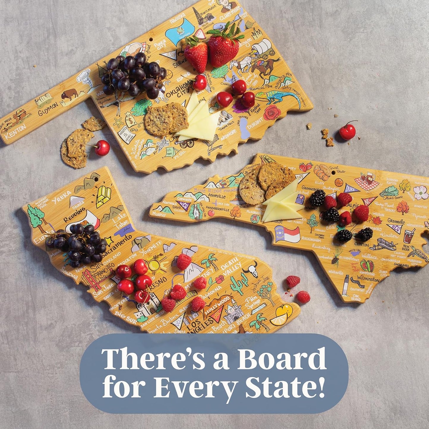 Totally Bamboo Tennessee State Shaped Cutting Board and Charcuterie Serving Platter with Artwork by Fish Kiss, Includes Hang Tie for Wall Display - Colors B
