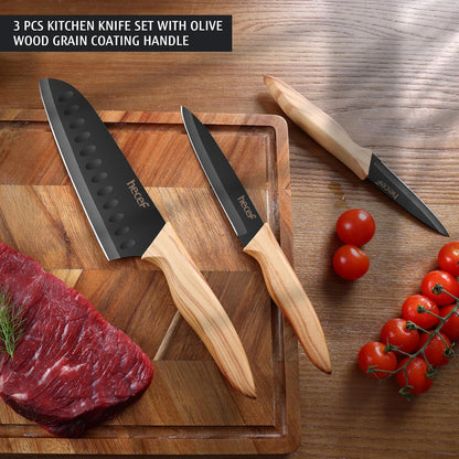 hecef Knife Set of 3, Stainless Steel Blade with Non-stick Coating, Sharp Kitchen Knives Includes Santoku, Utility, Paring Knives
