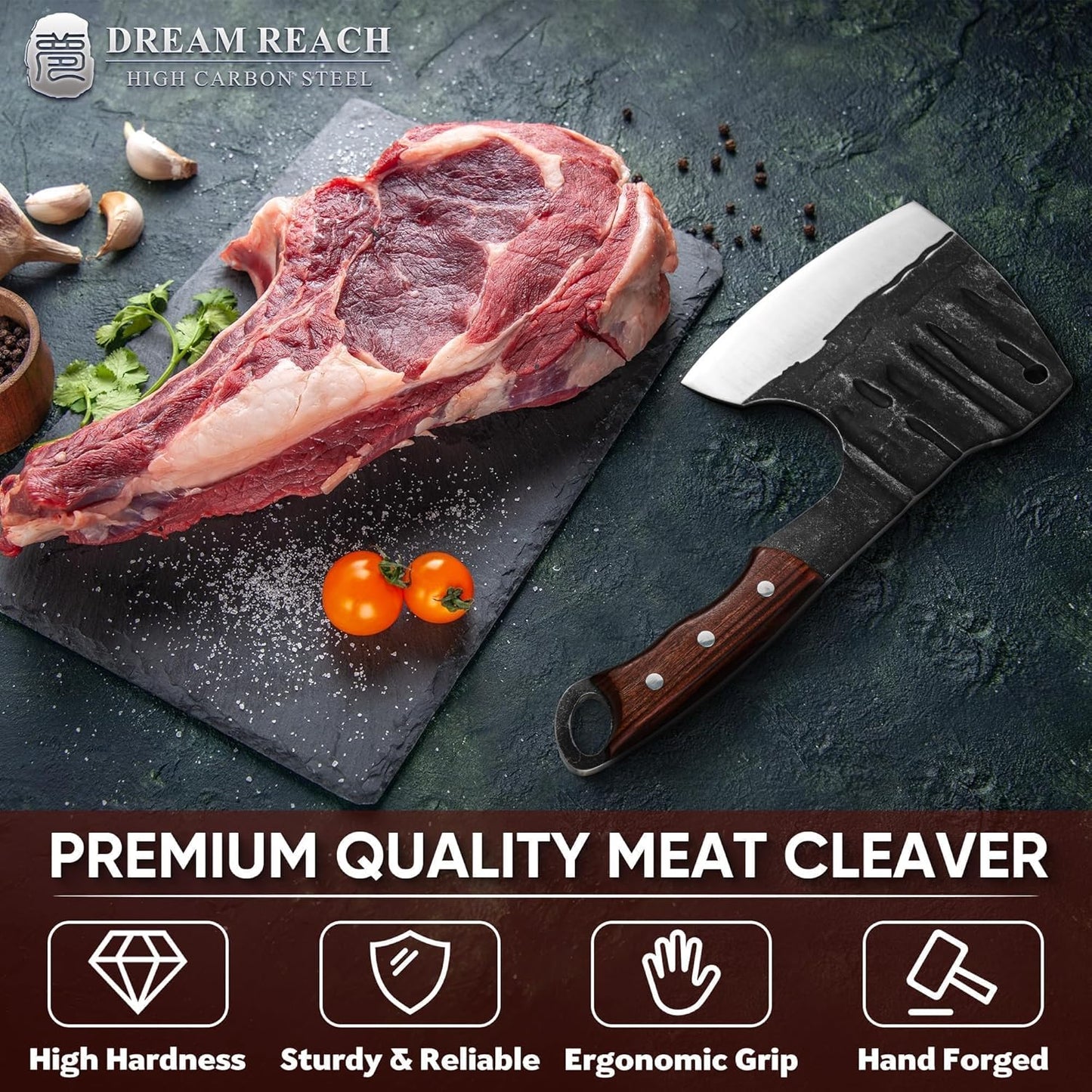 Dream Reach Meat Cleaver, 6.9 inch Black Boning Knife, High Carbon Steel Sharp Kitchen Forged In Fire Knife with Sheath Gift Box Bottle Opener for Outdoor Camping, Christmas Gifts for Men Women