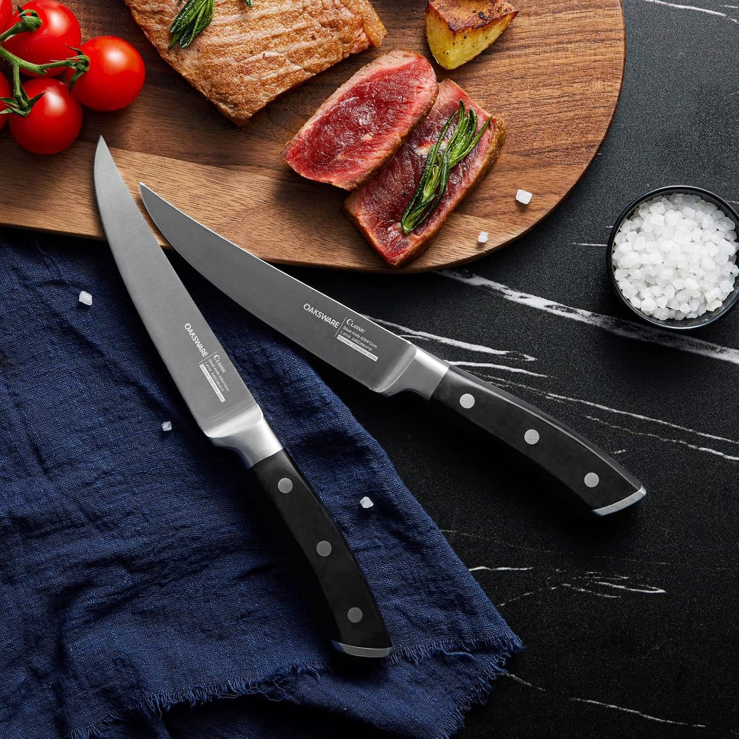 Steak Knives Set of 8, 5 Inch Non Serrated Steak Knife with Walnut Block, Razor-Sharp German Stainless Steel Dinner Knives, Durable Full Tang Forged Straight Edge Meat Knife for Home Dining&Gift