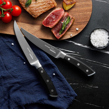 Steak Knives Set of 8, 5 Inch Non Serrated Steak Knife with Walnut Block, Razor-Sharp German Stainless Steel Dinner Knives, Durable Full Tang Forged Straight Edge Meat Knife for Home Dining&Gift