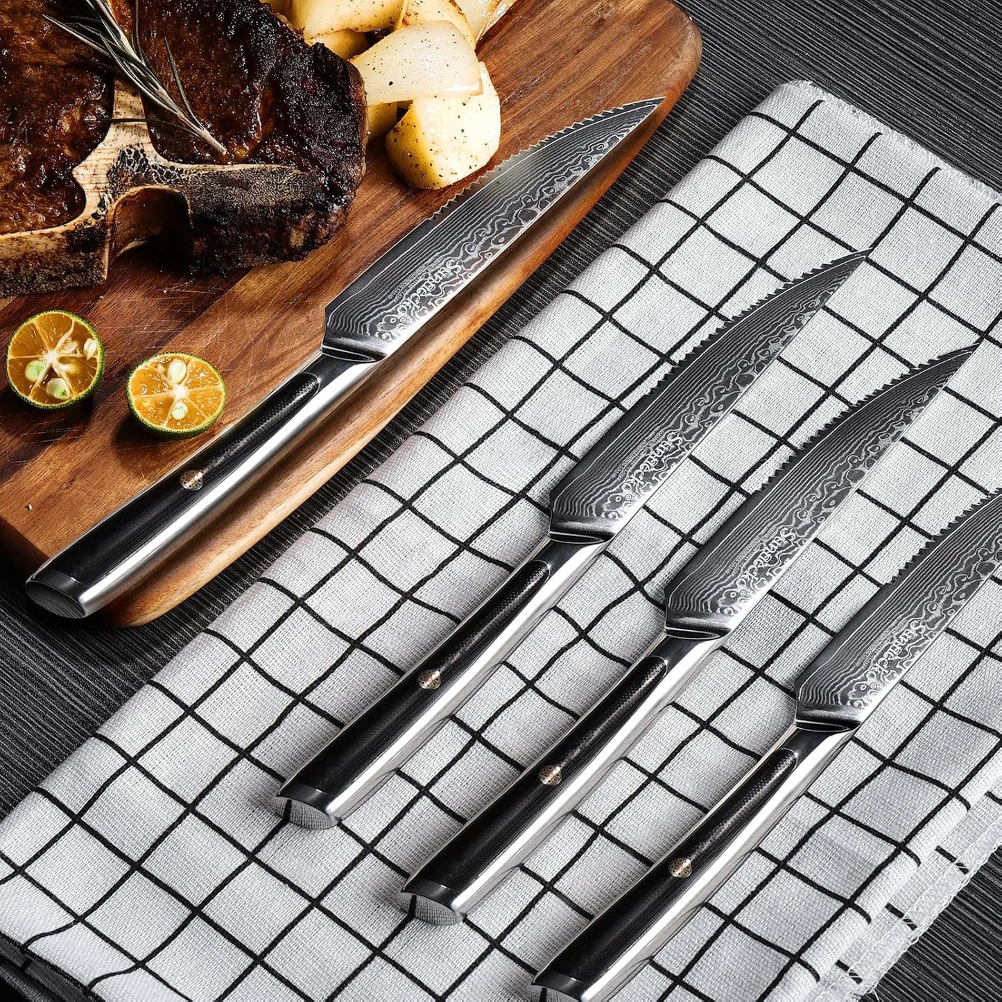 Sunnecko Damascus Steak Knife Set Non Serrated, Japanese VG10 Stainless Steel Steak Knife Set of 2, 5 Inch Steak Knives G10 Handle with Gift Box