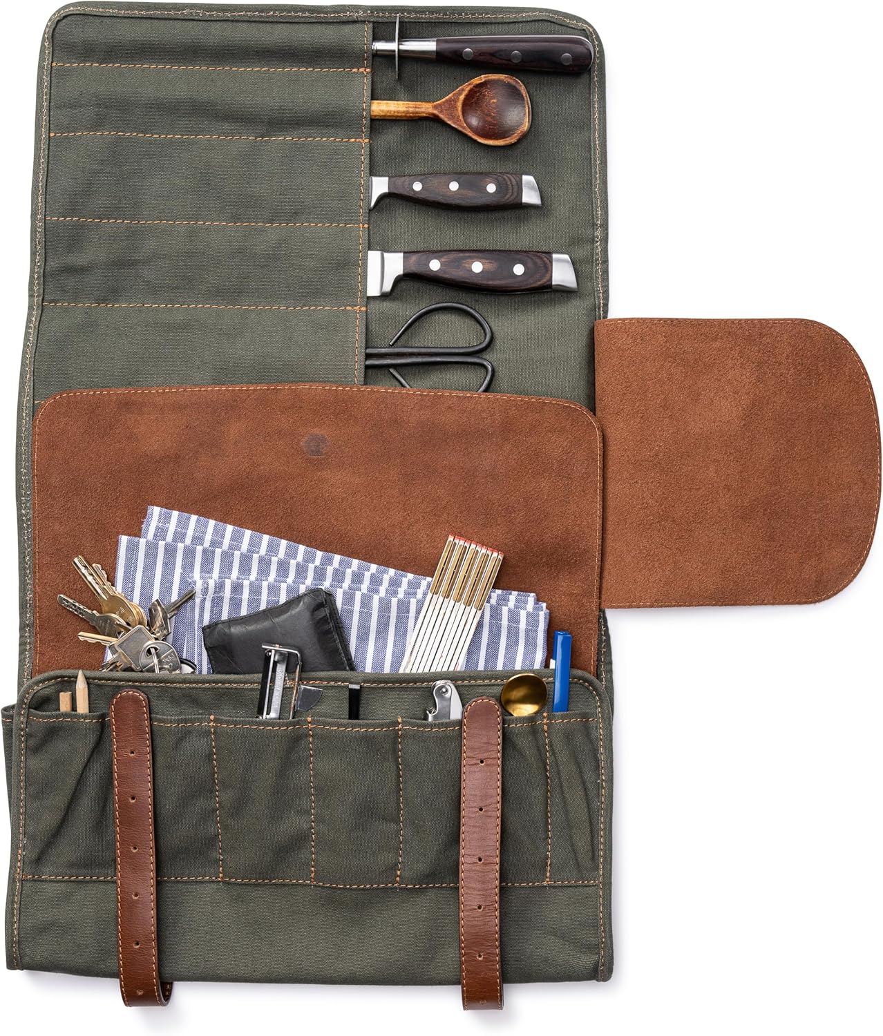 Angus Stoke XXL knife bag with 16 slots & plenty of space - multifunctional bag & tool bag made of canvas & leather - knives roll bag for chefs Marc (Olive-green)