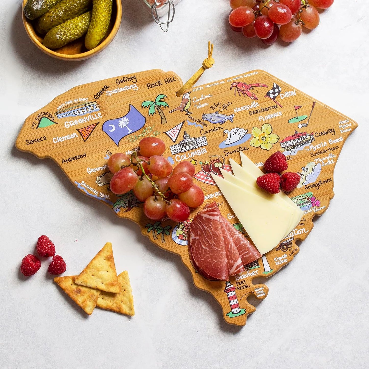Totally Bamboo Tennessee State Shaped Cutting Board and Charcuterie Serving Platter with Artwork by Fish Kiss, Includes Hang Tie for Wall Display - Colors A