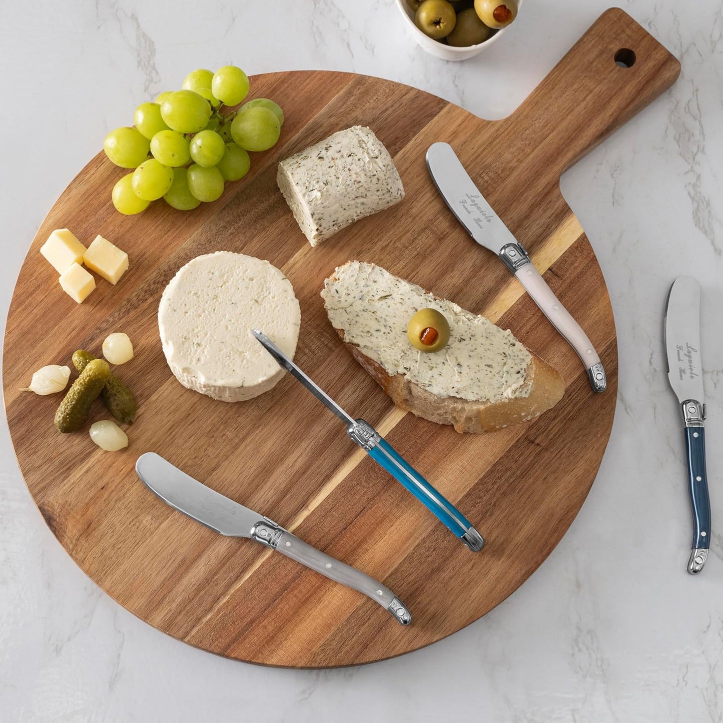 French Home Laguiole Spreader Set – 8 Piece Cheese & Butter Spreader Set with Blue and Cream Handles – Elegant & Practical Charcuterie Tools (6.25")