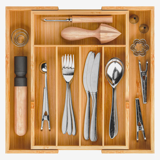 BAMEOS Expandable Silverware Drawer Organizer with Removable Knife Blocks, Bamboo Kitchen Utensil Holder from 21" to 36", Large Cutlery Tray with Divider for Forks, Spoons, Knives