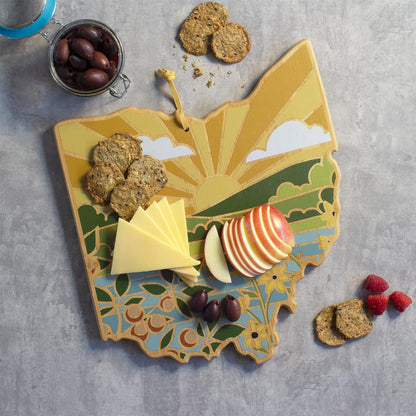 Totally Bamboo North Carolina State Shaped Cutting Board and Charcuterie Serving Platter with Artwork by Summer Stokes, Includes Hang Tie for Wall Display 18" x 8" x 5/8" - Colors B