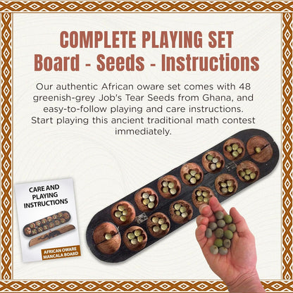 Africa Heartwood Project African Oware Mancala Board - Extended Size, Hand-Carved Solid Wood with Elephant Design, Wooden Folding Mancala 21" Board, 48 Grey, Green Tear Seeds and Playing Instructions
