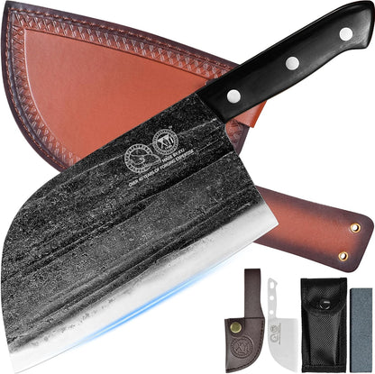 XYJ Authentic Since 1986,Outstanding Ancient Forging,6.7 Inch Full Tang,Serbian Chefs knife,Chef Meat Cleaver,Kitchen Knives,Set with Leather Sheath,Take Carrying,Butcher