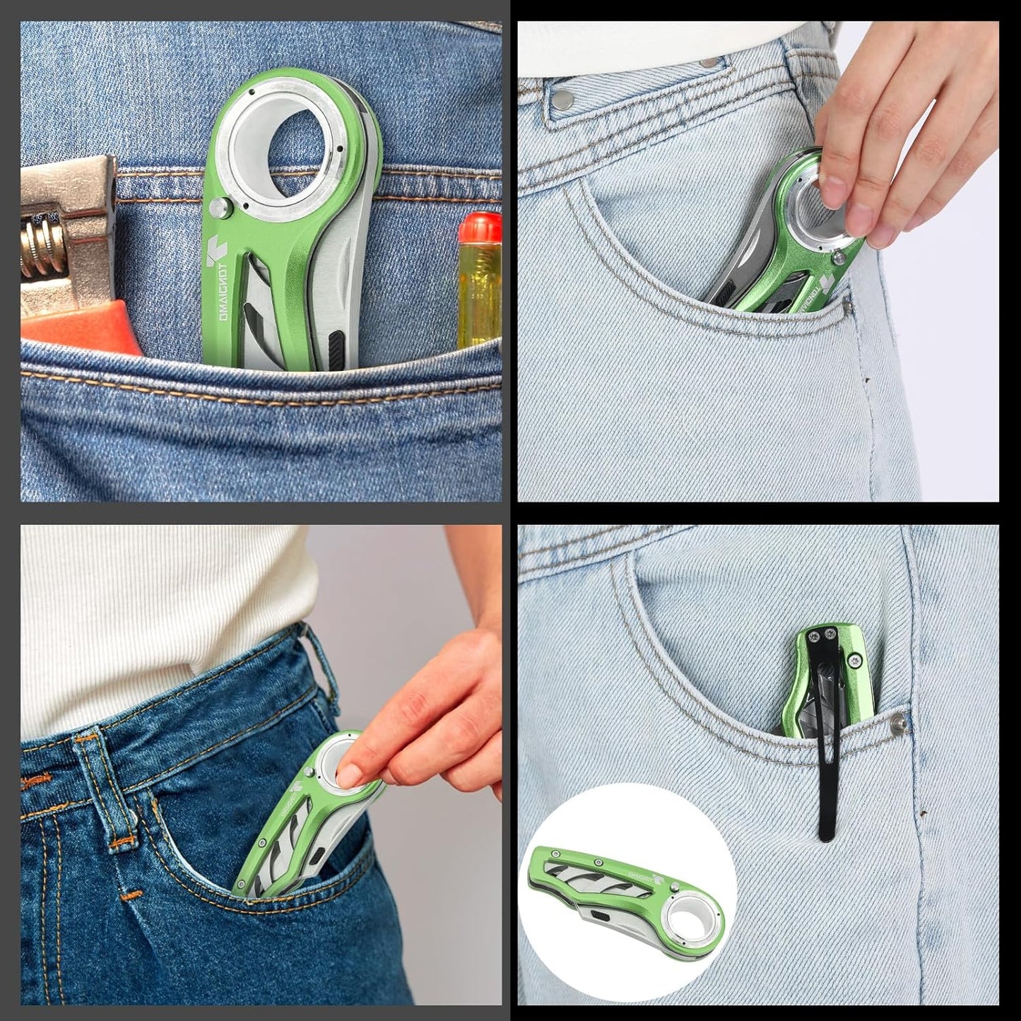 Tondiamo 4 Pcs Folding Pocket Utility Knife Heavy Duty Box Cutter Folding Razor Knife with Anti Slip Finger Loop Easy Change Blades 3 Lock Positions Design (Yellow,Red,Black,Green)