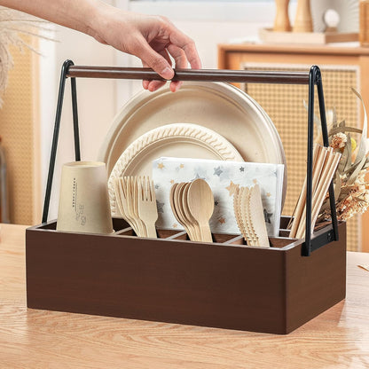 PTSTING Silverware Caddy Black Wood Silverware Holder Paper Plate Dispenser Utensil Caddy Cutlery Flatware Organizer Box for Spoons Forks Plates Napkins