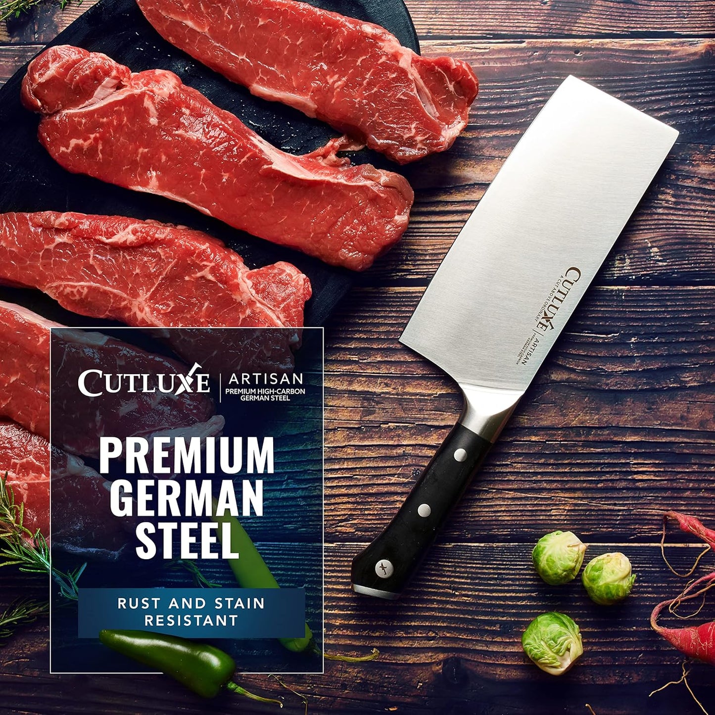 Cutluxe Meat Cleaver Knife - 7" Heavy Cleaver Butcher Knife, Razor Sharp German Steel Blade, Full Tang, Ergonomic Handle Design – Artisan Series