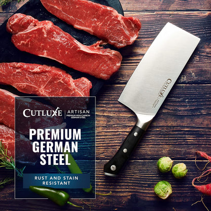Cutluxe Meat Cleaver Knife - 7" Heavy Cleaver Butcher Knife, Razor Sharp German Steel Blade, Full Tang, Ergonomic Handle Design – Artisan Series