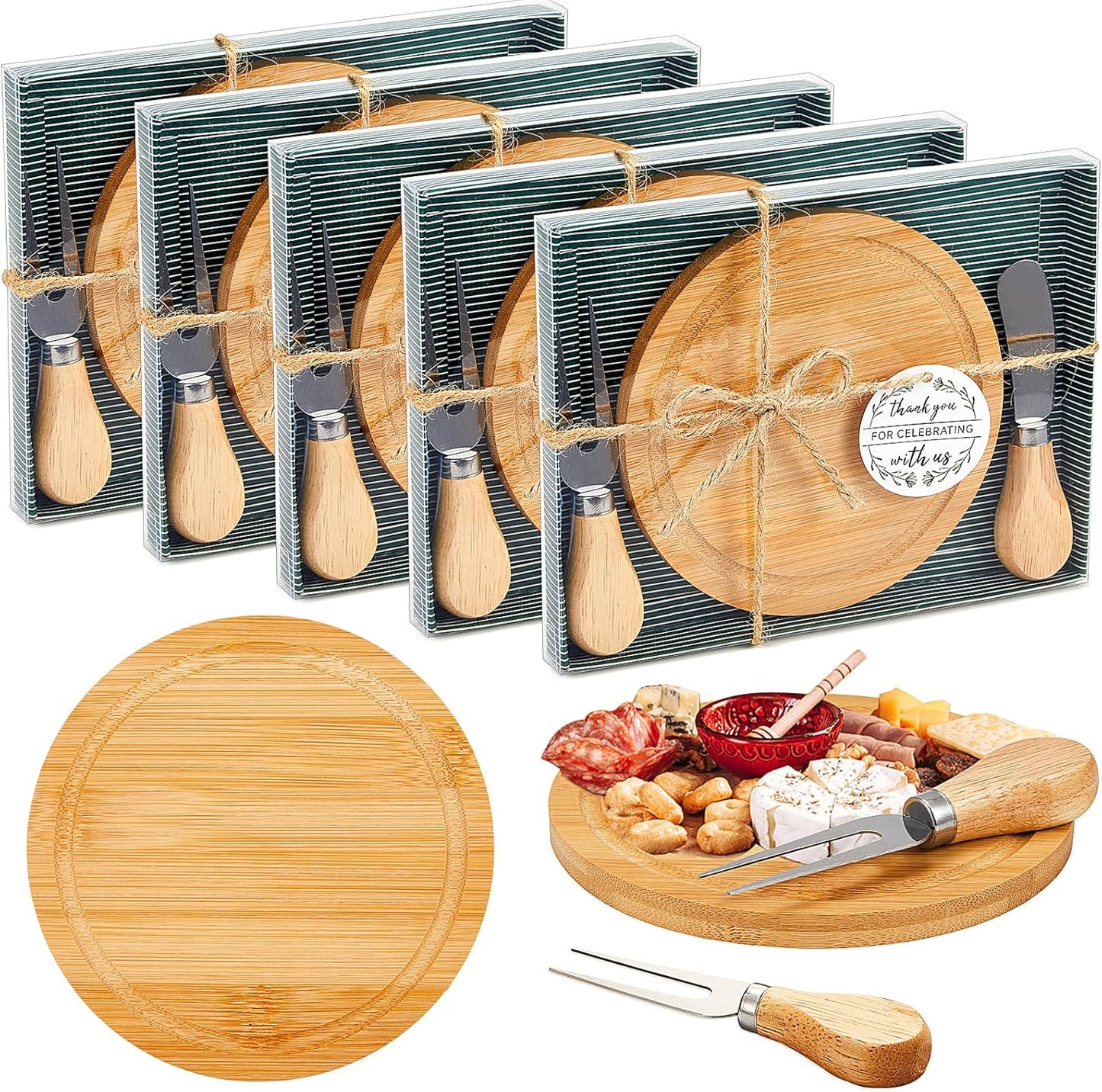 Maxcheck 18 Sets Baby Shower Bridal Game Prizes for Winners Round Cheese Board Set Wood Mini Charcuterie Board with Knives and Forks Thank You Card with Gift Box for Guests Wedding (Bamboo)
