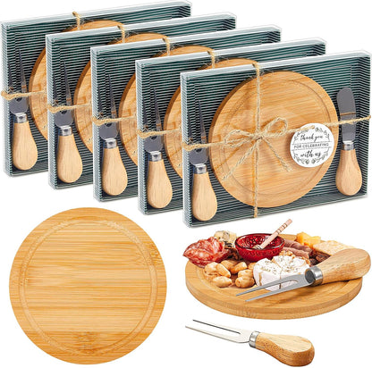 Maxcheck 18 Sets Baby Shower Bridal Game Prizes for Winners Round Cheese Board Set Wood Mini Charcuterie Board with Knives and Forks Thank You Card with Gift Box for Guests Wedding (Bamboo)