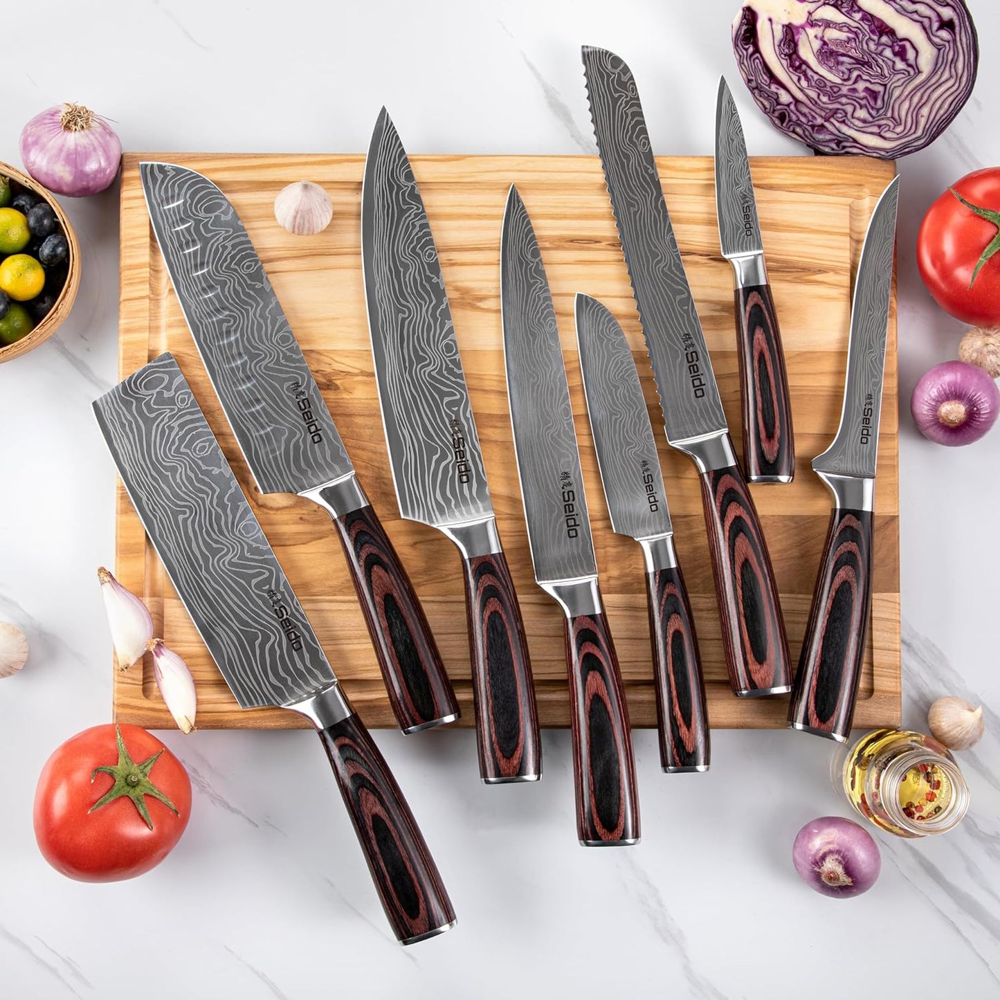 Seido Knives Master Chef Knife Set, 8-Piece Kitchen Knife Set, High-Carbon Stainless Steel Handmade Culinary Knives, Professional Chef Knives, Kitchen Knife