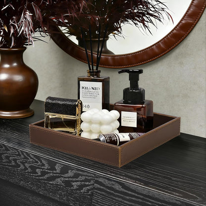 HofferRuffer Faux Leather Vanity Tray, Elegant Desktop Storage Organizer, Decorative Catchall for Perfume, Bathroom Valet, Nightstand or Dresser, 10.2 x 8.4 x 1.8 inches (Grey Stripe)