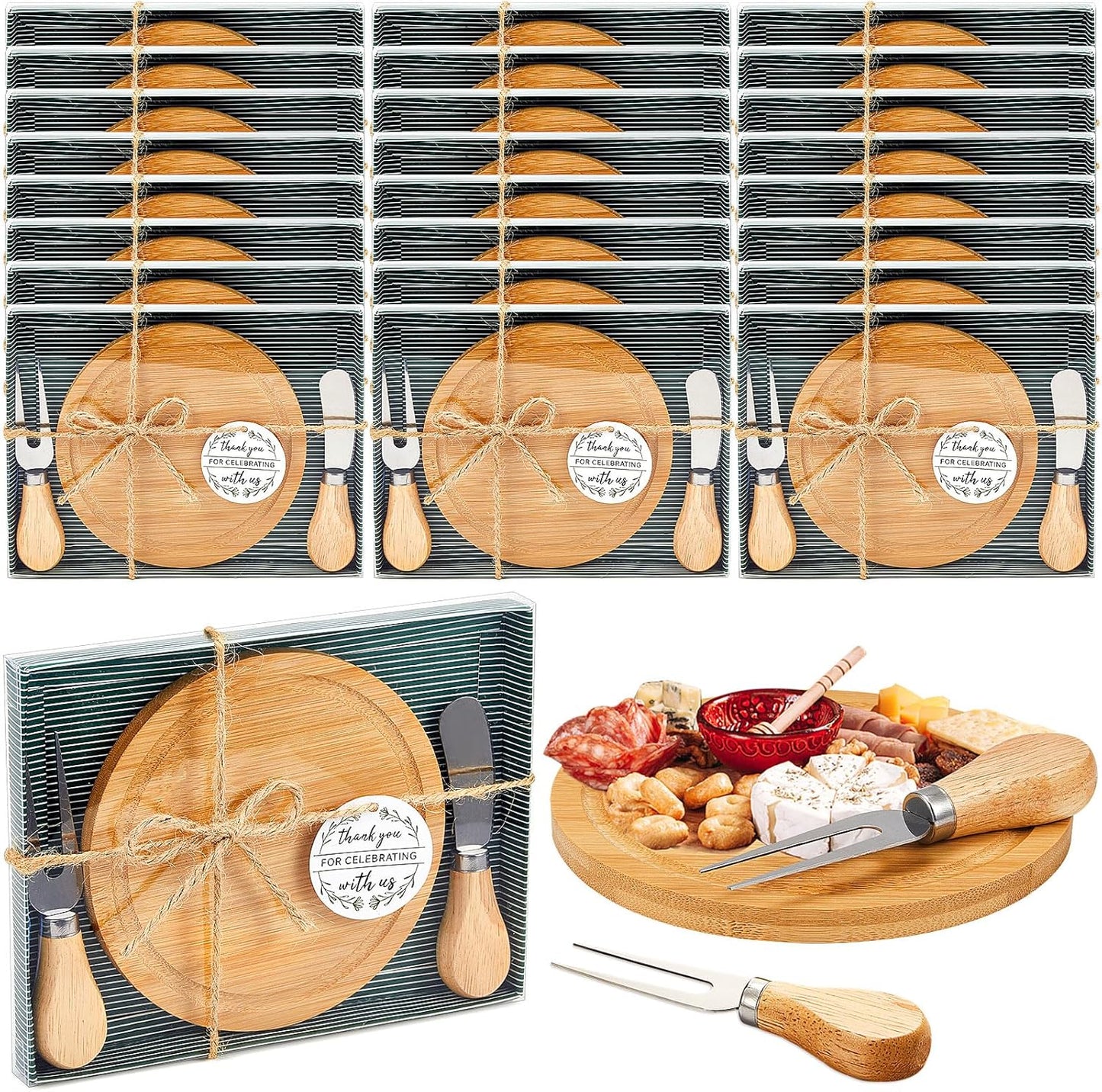Maxcheck 18 Sets Baby Shower Bridal Game Prizes for Winners Round Cheese Board Set Wood Mini Charcuterie Board with Knives and Forks Thank You Card with Gift Box for Guests Wedding (Bamboo)