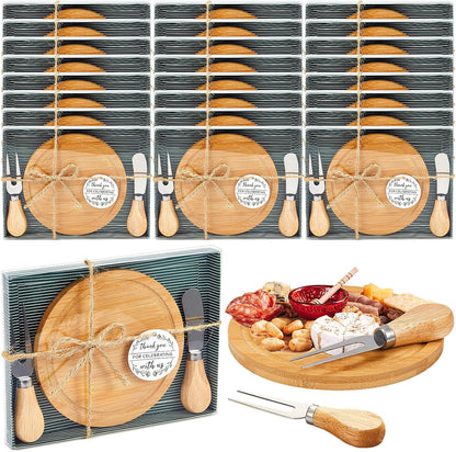 Maxcheck 18 Sets Baby Shower Bridal Game Prizes for Winners Round Cheese Board Set Wood Mini Charcuterie Board with Knives and Forks Thank You Card with Gift Box for Guests Wedding (Bamboo)