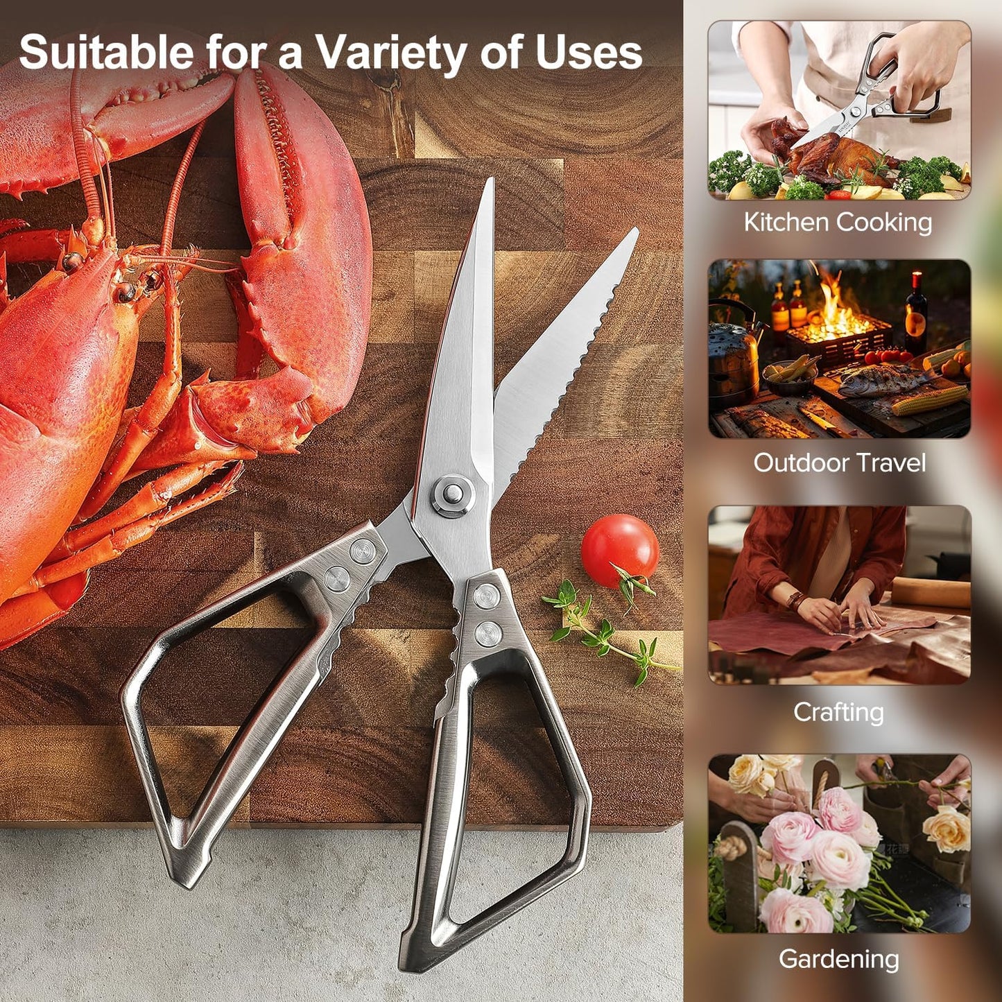 XINZUO Sandvik 14C28N Stainless Steel Multi-Purpose Kitchen Shear,Heavy Duty Kitchen Food Scissors For (Meat/Herbs/Poultry),With Silver Aluminum Alloy Handle