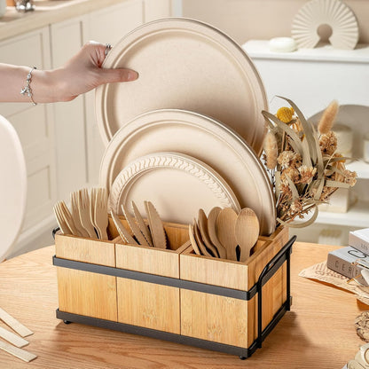 PTSTING Silverware Caddy Black Wood Silverware Holder Paper Plate Dispenser Utensil Caddy Cutlery Flatware Organizer Box for Spoons Forks Plates Napkins