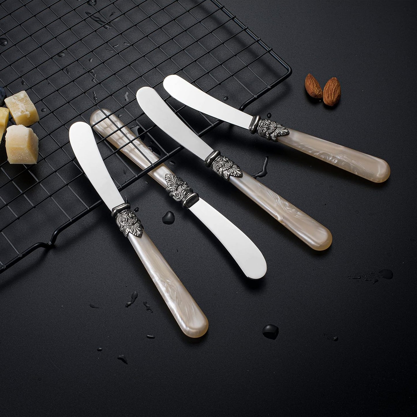 REVERIE Collection 4-piece Stainless Steel Butter Spreader Cheese Knife, Giftable Butter Knives set, Bread Knife set (White Handle)