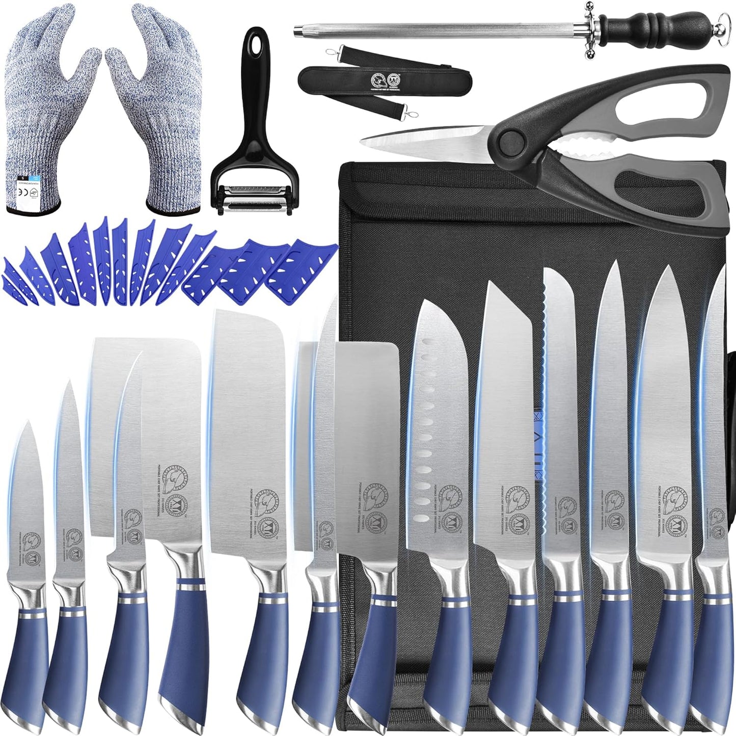XYJ Professional Knife Sets for Master Chefs,Meat Cleaver Butcher for Camping,Chef Knife Set with Magnetic Knife Block,Stainless Steel Kitchen Knives Tools Kit