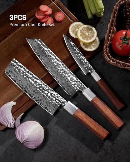 YOTSUBA 3PCS Japanese Damascus Chef Knife Set – Ultra Sharp Hand-Forged High Carbon Steel Blades with 100% Genuine Natural Hardwood Handles, Professional Kitchen Knives for Chopping Meat & Vegetables