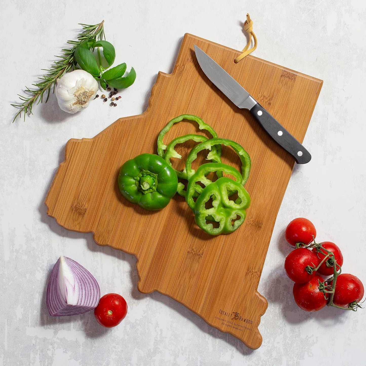 Totally Bamboo North Carolina State Shaped Cutting Board and Charcuterie Serving Platter with Artwork by Summer Stokes, Includes Hang Tie for Wall Display 18" x 8" x 5/8" - Colors B