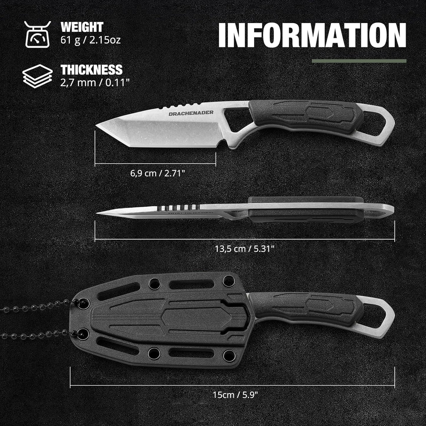 DRACHENADER Neck Knife Tanto Small, Mini Neck Knife with Sheath and Necklace Fixed Blade Knives Full Tang Outdoor Knives, Green