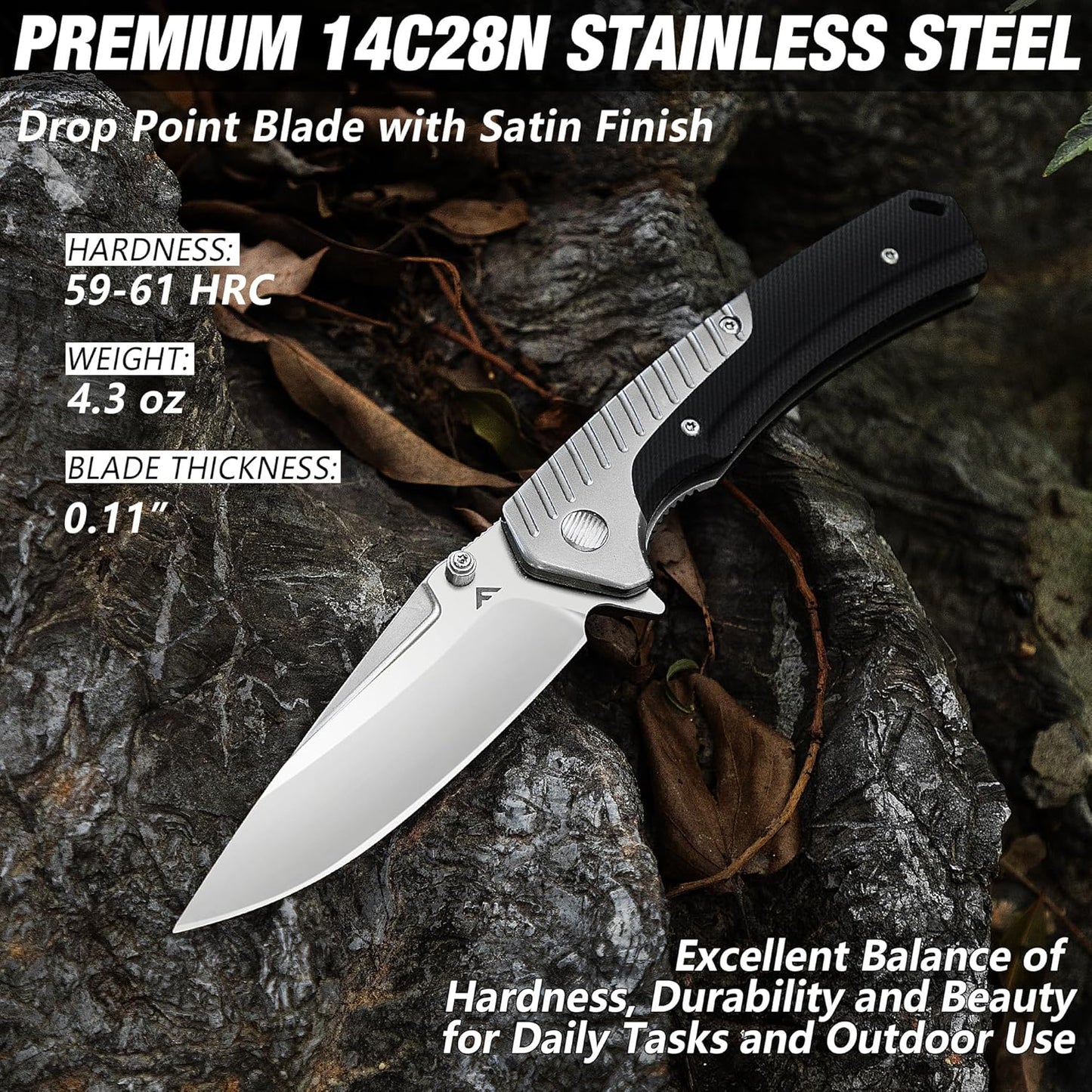FLISSA Pocket Knife with 3.35" 14C28N Steel Blade, Liner Lock Folding Knife with Wooden Handle for EDC, Camping, Hiking, Outdoor Activities, Gift for Men and Women