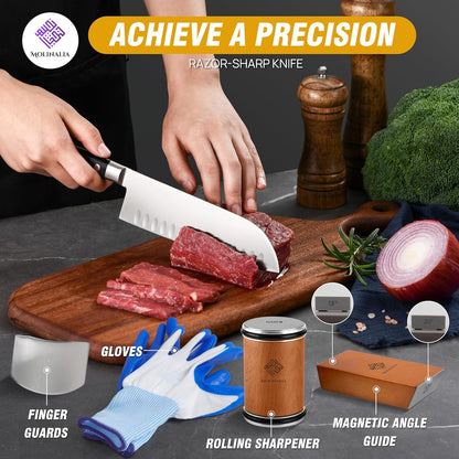 Rolling Knife Sharpener Kit for Kitchen - Multi Angle Tool with Magnetic Angle Guide (15°/20°) Diamond & Ceramic Discs, Knife Sharpening Kit having Finger Guard, Gloves & Travel Bag