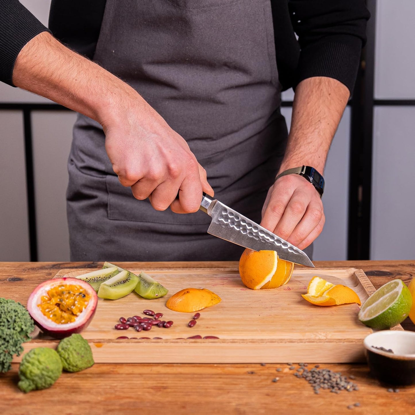 KOTAI | Bunka Petty Utility Kitchen Knife | 5.5-inch Blade | Ultra Sharp 440C Japanese Stainless Steel | Hand Hammered Tsuchime Finish | Ebony Wood Handle | Full Hidden Tang
