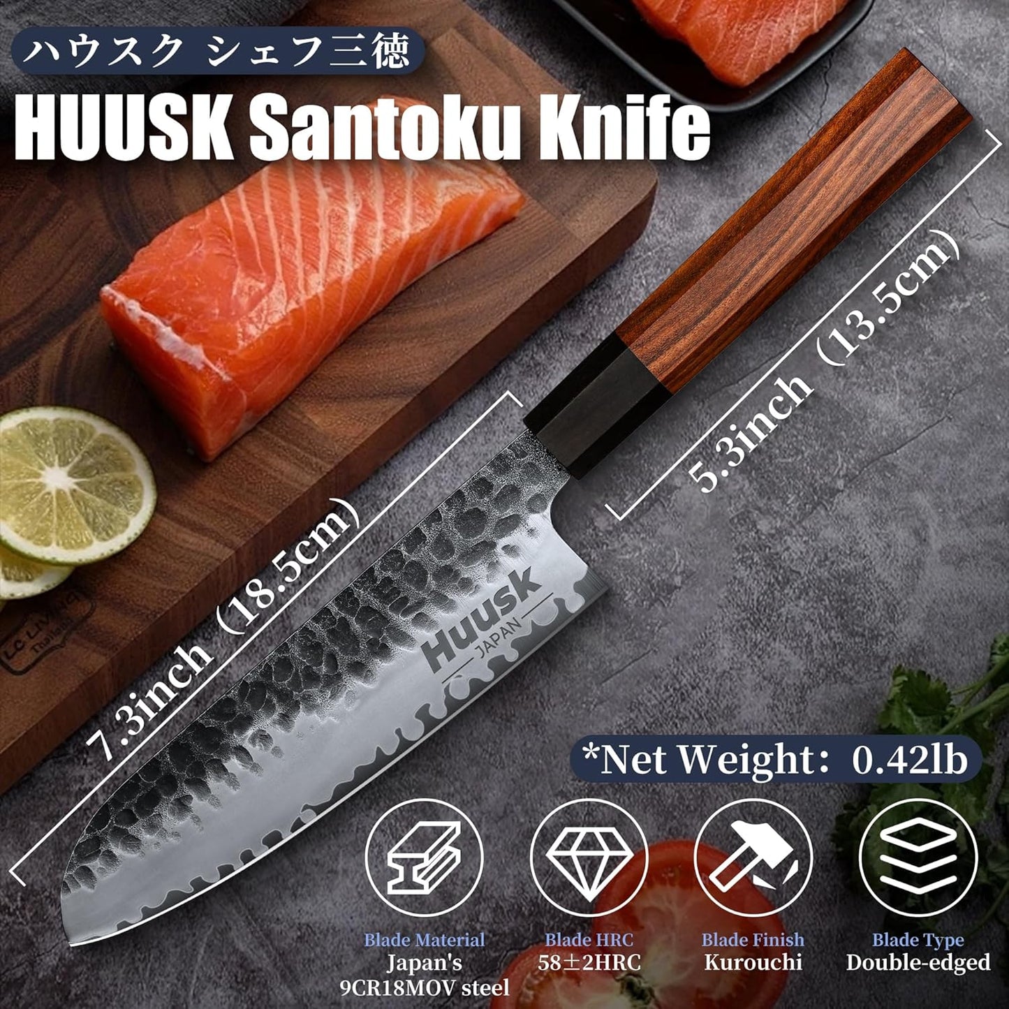 Huusk Chef Knife, Professional 9" High Carbon Steel Japanese Kitchen Knives, Hand Forged Cooking Knife for Meat Sushi, Gift for Men and Women