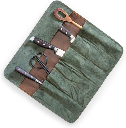 Angus Stoke Leather Knife Roll Bag for Chef`s - Premium Knife Roll Case made of Genuine Buffalo Leather – Durable knives storage Bag Samuel (Brown)