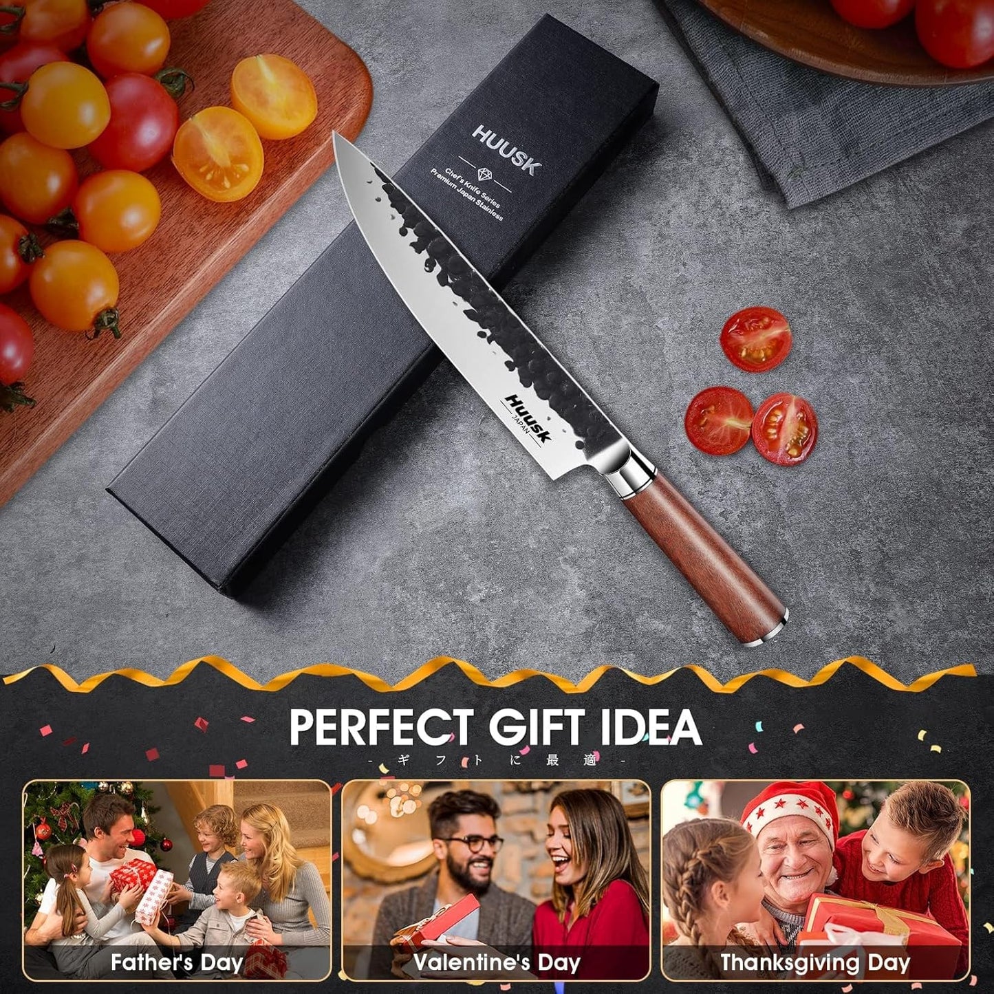 Huusk Butcher Knife Set of 3- Japanese Knife Set for Meat Cutting, Hand Forged Viking Knives Sets with Meat Cleaver, Heavy-Duty Kitchen Knives Sets for Bone BBQ Vegetable, Gift Idea for Men & Women