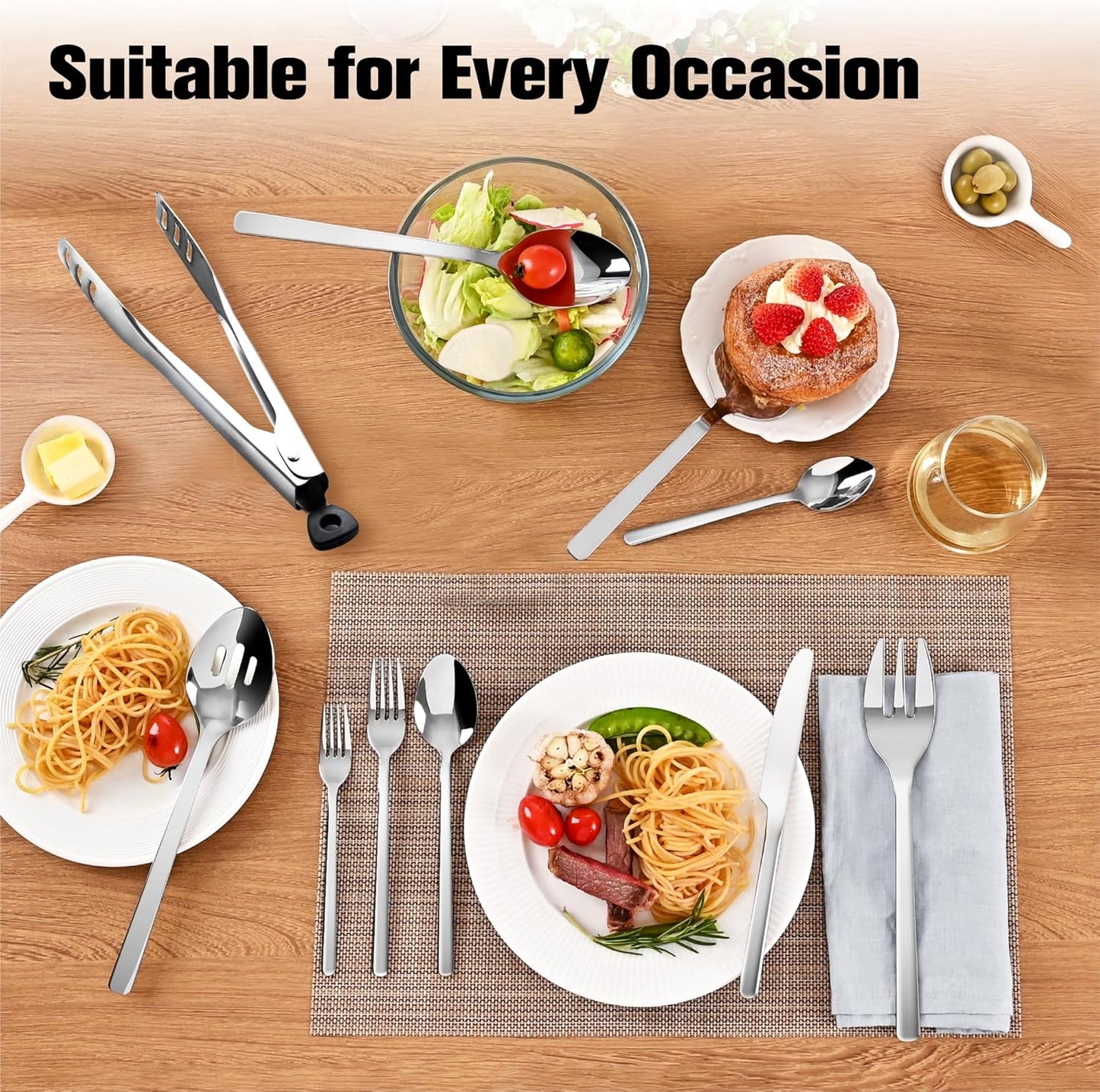 KINGSTONE 48-Piece Silverware Set with Steak Knives, Flatware Set for 8, Stainless Steel Tableware Cutlery Set for Home Restaurant, Mirror Finish,Modern Design