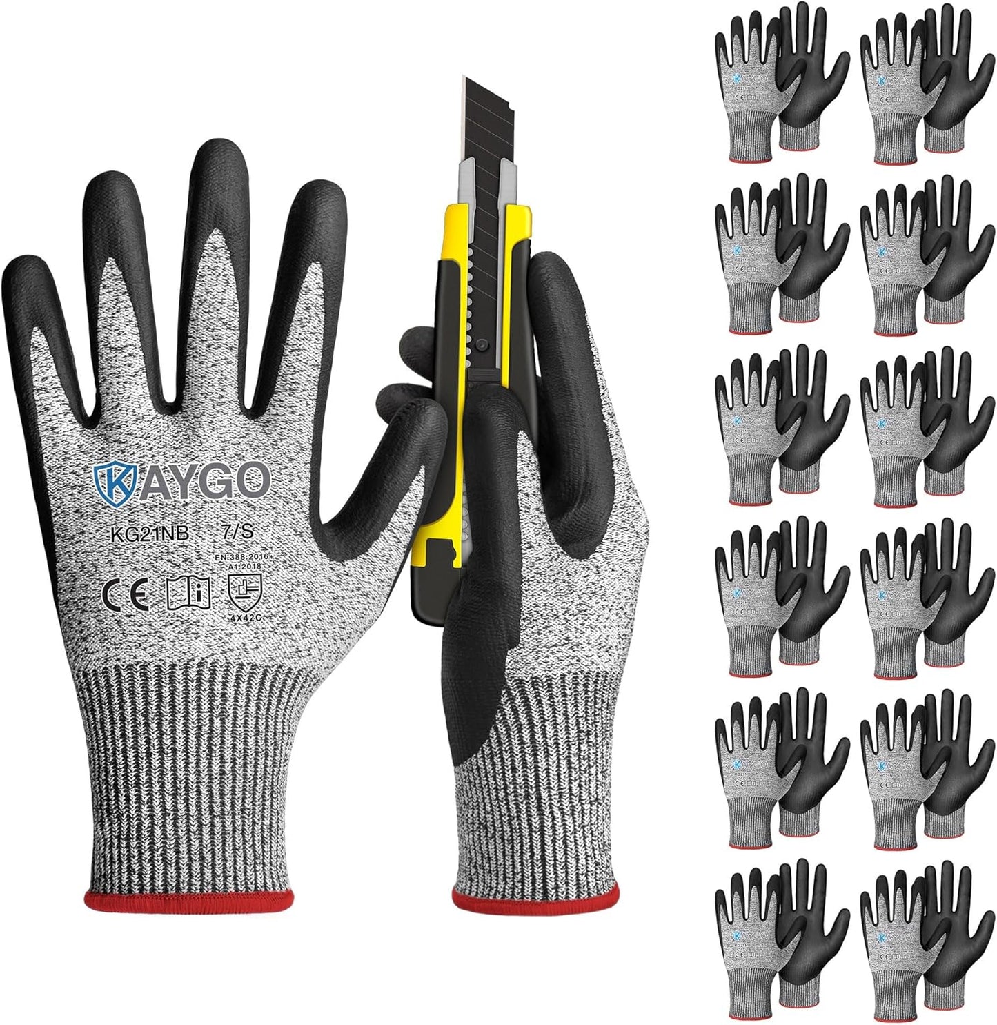 KAYGO 12 Pairs Cut Resistant Work Gloves for Men and Women,ANSI A3 Cutting Gloves,Nitrile Micro-Foam Safety Work Gloves KG21NB,Ideal for Wood Carving,Glass Handling, Construction,Fishing,Grey,S