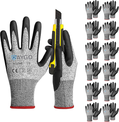 KAYGO 12 Pairs Cut Resistant Work Gloves for Men and Women,ANSI A3 Cutting Gloves,Nitrile Micro-Foam Safety Work Gloves KG21NB,Ideal for Wood Carving,Glass Handling, Construction,Fishing,Grey,S