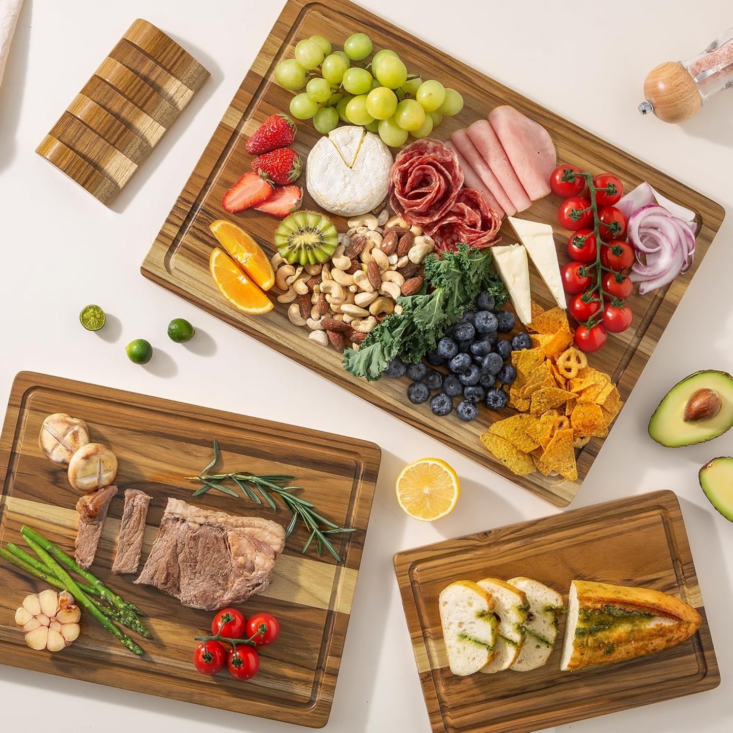 THETCHRY Teak Wood Cutting Boards for Kitchen, Wooden Cutting Board with Handles, Wooden Chopping Board with Juice Groove, Charcuterie Butcher Block for Meal Prep & Serving, 12.9" x 9.8"