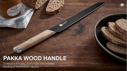 Everdure German Steel Professional Bread Knife, 10.55 Inch Serrated Edge Blade, Titanium Coated Blade with Pakka Wood Handle, Perfect Kitchen Knife for Slicing Bread Loaves, Bagels, Cake, and More