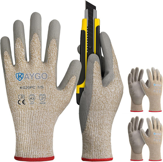 KAYGO Cut Resistant Gloves PU Coated 3 Pairs, ANSI Cut Level A2, Lightweight Safety Work Gloves, Ideal for Industrial and Construction (Large,Grey)