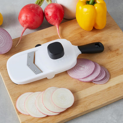 Amazon Basics Hand-held Safe Mandoline Slicer for Vegetables and Fruits, Adjustable Thickness, Stainless Steel Blade, White, 11.3" x 4.5" x 2.5"