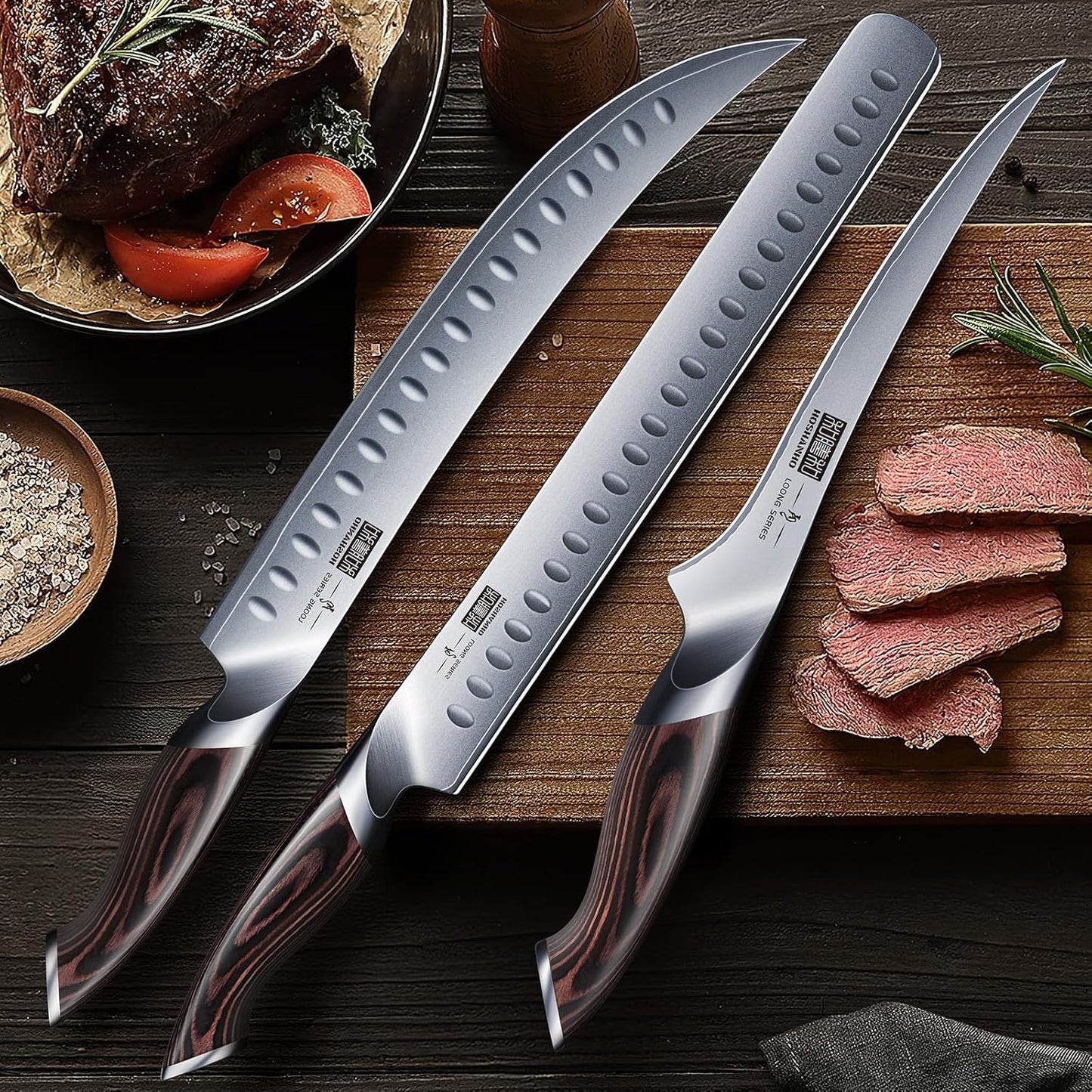 HOSHANHO 8 Inch Carving Knife & 7 Inch Fork Set, Professional Japanese High Carbon Steel Razor Sharp Butcher Brisket Slicing Knife Set for Meat Cutting, BBQ